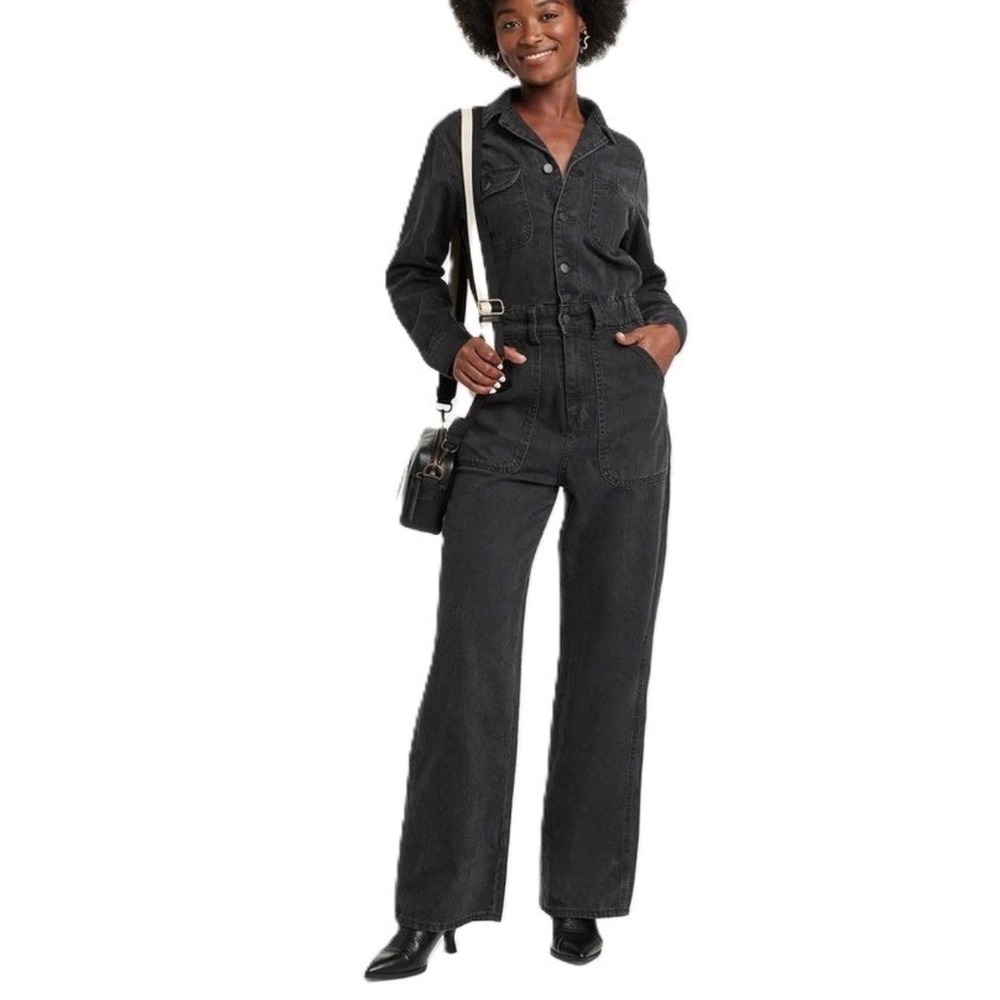 Universal Thread Womens 16 Black Denim Long Sleeve Collared Utility Jumpsuit